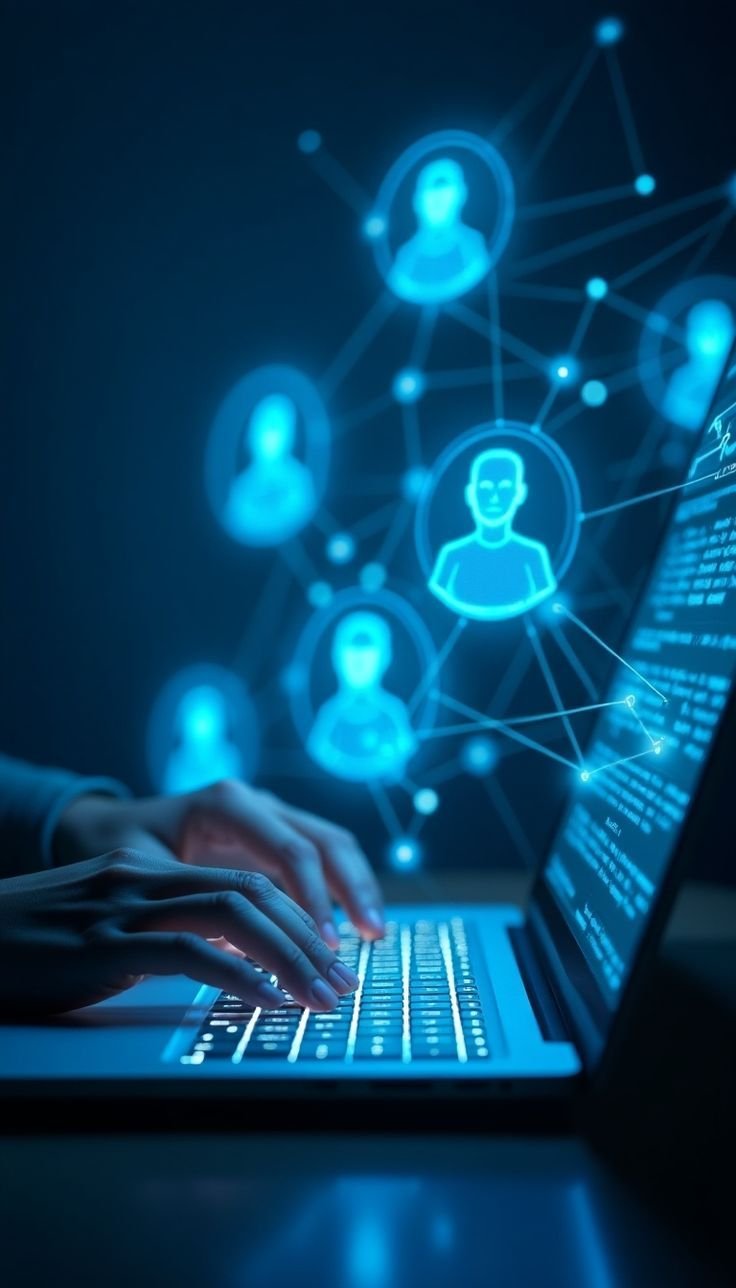 The image is a digitally enhanced, low-light photograph showing a person's hands typing on a laptop keyboard.