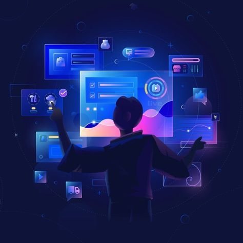 The image is a futuristic, dark-toned digital illustration featuring a person interacting with a complex, luminous interface.