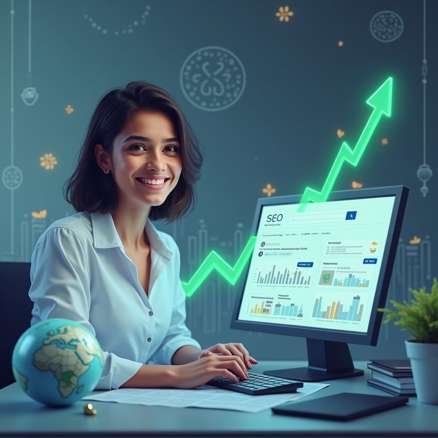 1869ccfd0fadc3d2b06d232801aceb0f The image shows a smiling young woman seated at a desk, appearing to be a digital marketing or SEO professional.