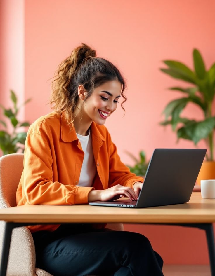 This is a bright, engaging image of a person working remotely