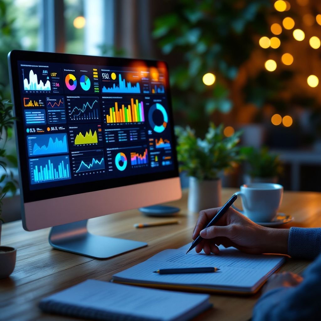 Data analyst working late, reviewing performance dashboards on a computer in a warm, low-light office setting