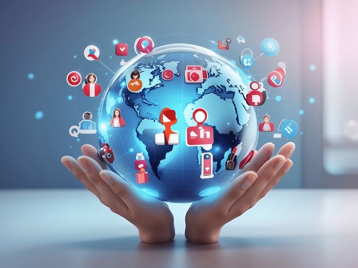 The image features two hands cupping a glowing blue Earth globe that is centrally positioned.